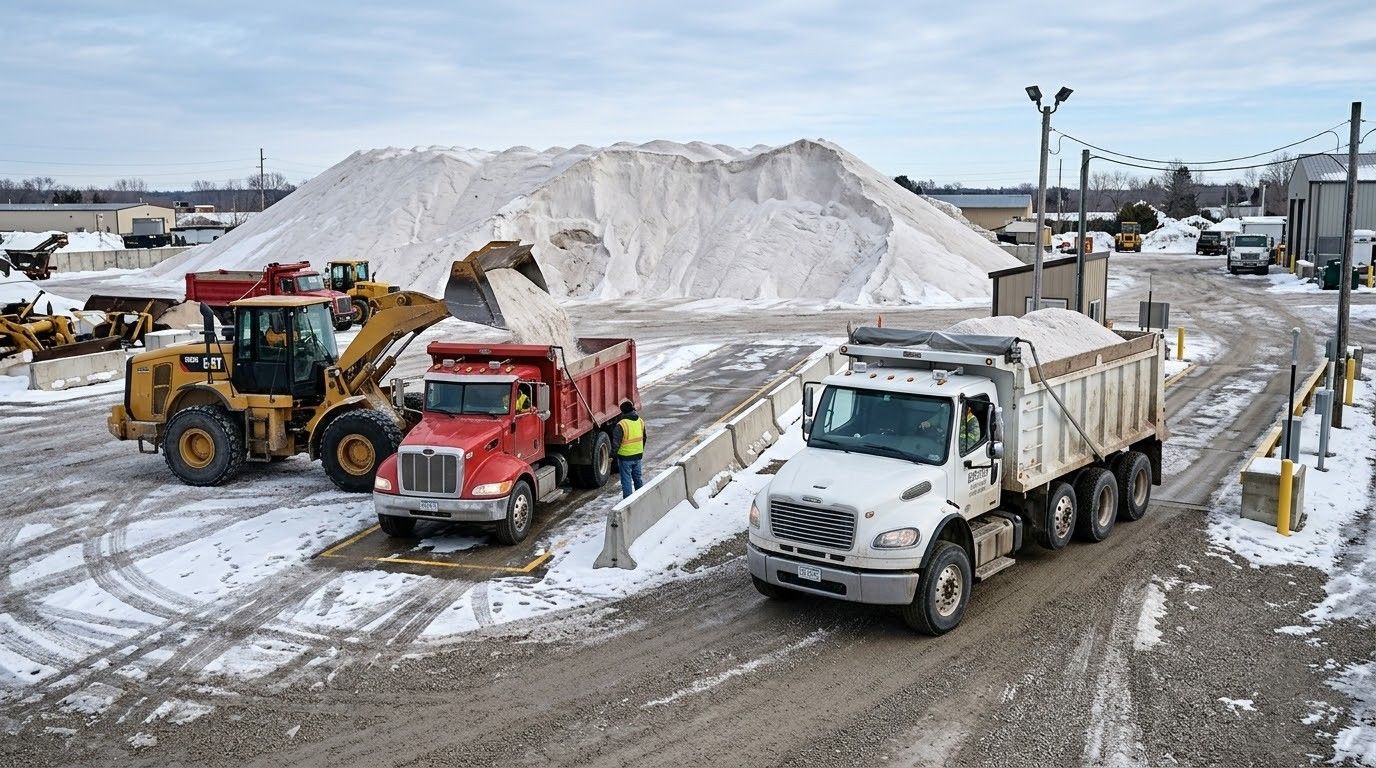 Snow-covered truck yard with a loader and two dump trucks beside a large salt pile