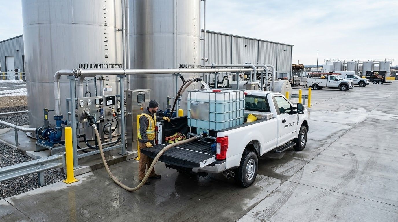 White utility pickup truck fueling beside large silver industrial tanks on a wet lot