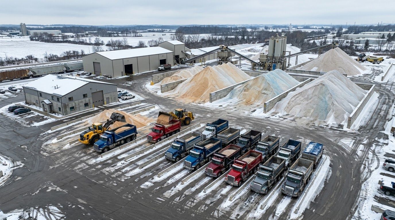 Aerial view of a snowy construction site with trucks, machinery, and large sand and gravel piles.