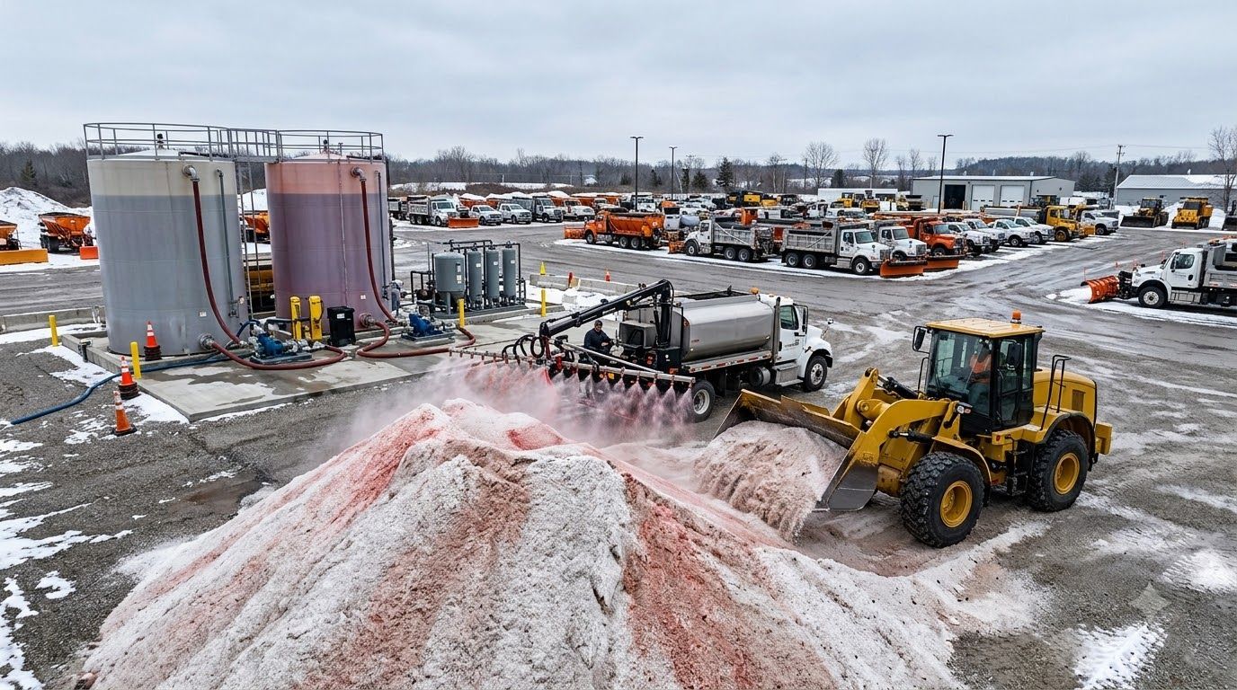 Snowy industrial yard with a yellow loader pushing a large pile of red-tinged snow and slush