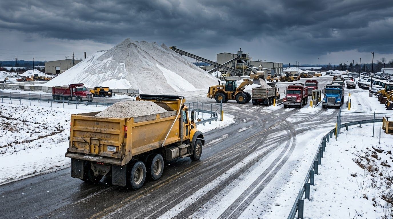 Snowy construction site with dump trucks hauling gravel beside a large aggregate pile.