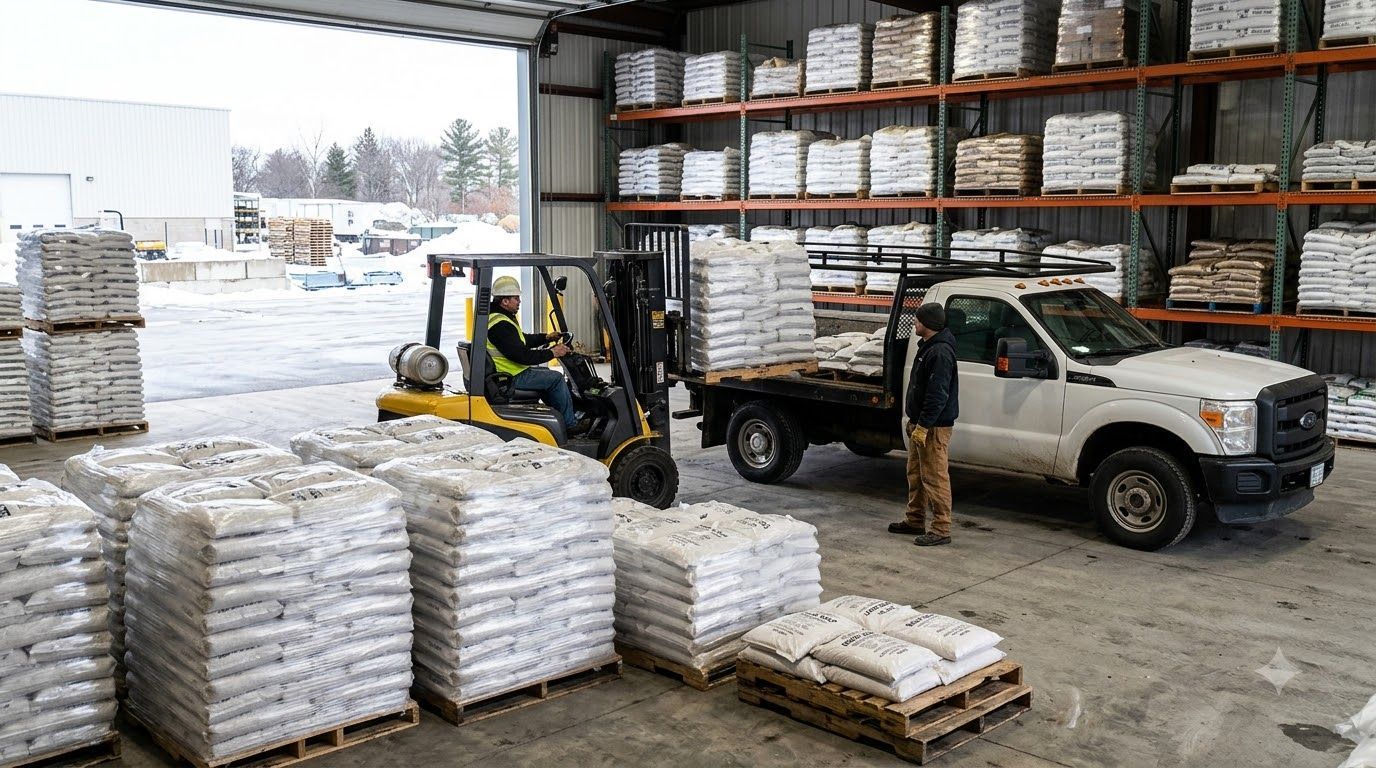 Forklift loading white bags beside a pickup truck in a snowy warehouse yard
