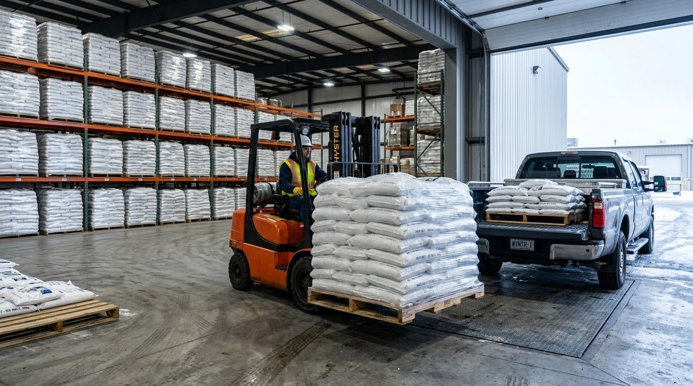 Forklift carrying stacked white bags in a warehouse beside a pickup truck.