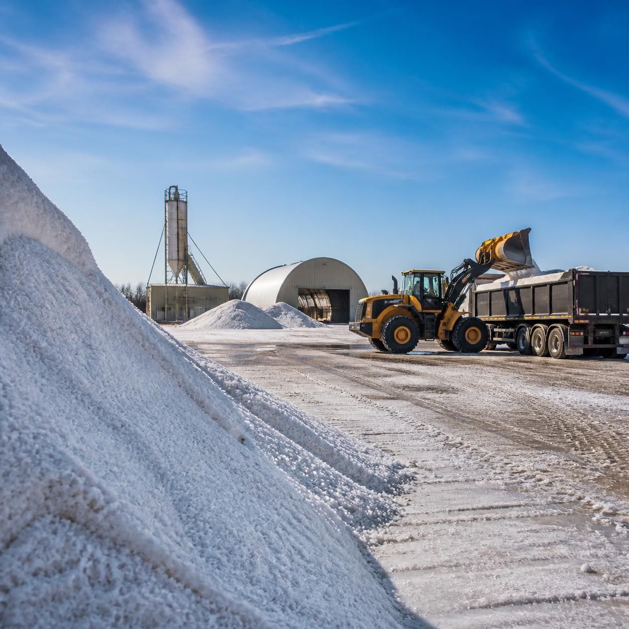 Snow-covered industrial yard with loader and dump truck near salt piles under a blue sky
