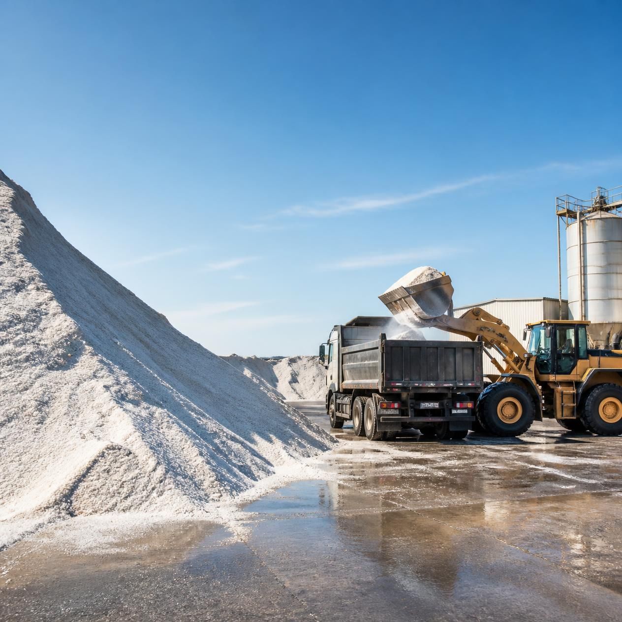 Loader dumping white aggregate into truck at an industrial yard under a blue sky