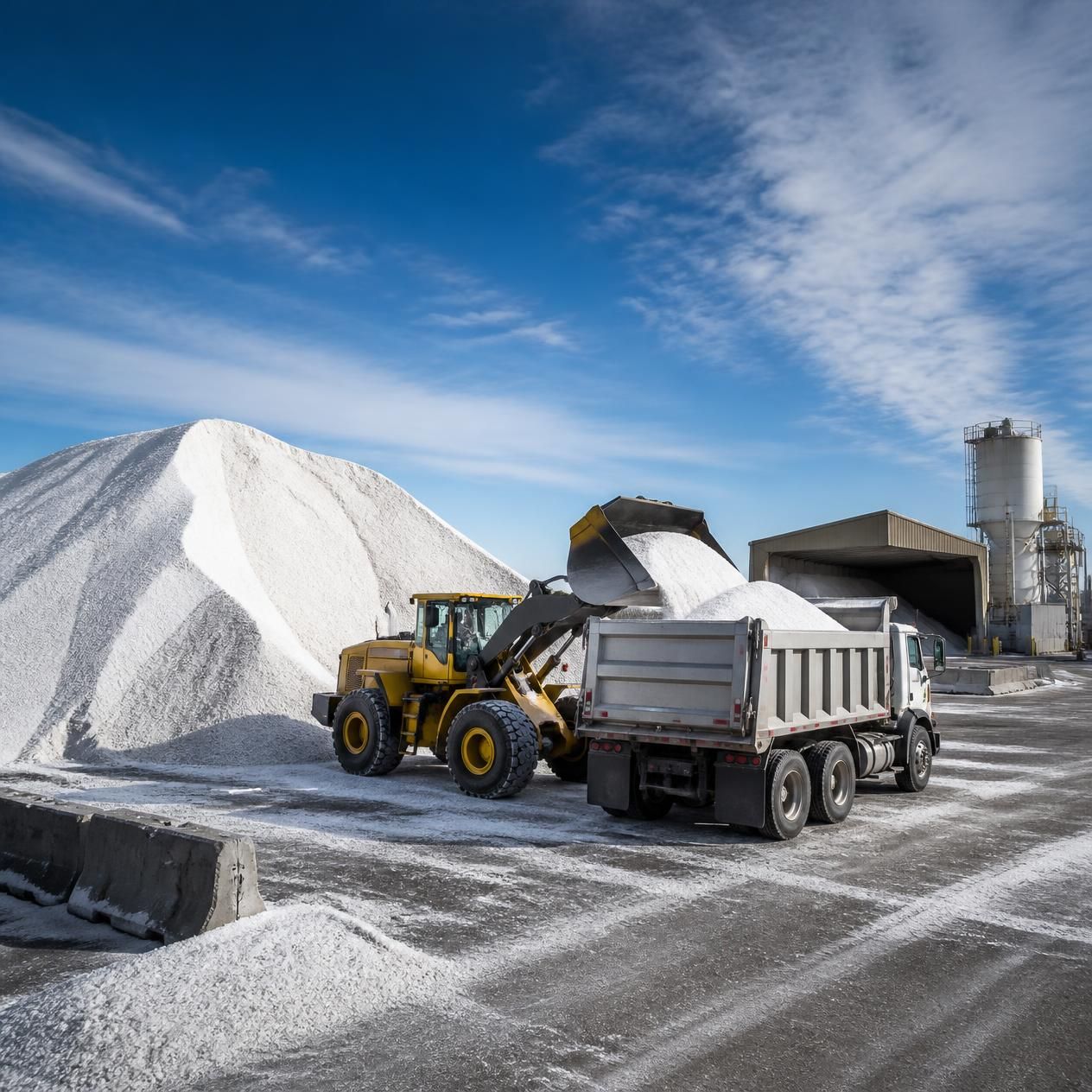 Loader and dump truck at a gravel quarry beside large white aggregate piles under a blue sky