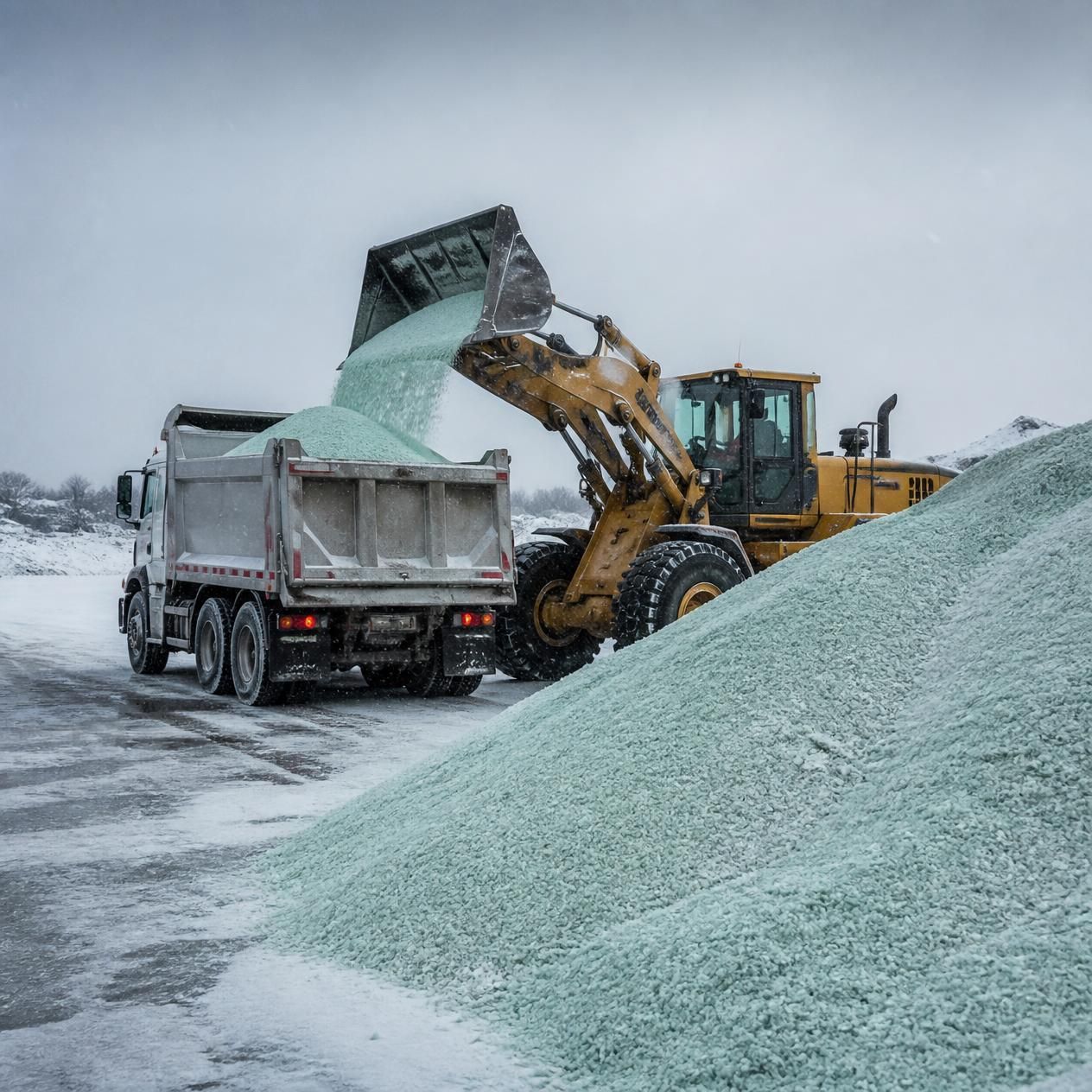 Loader dumping snow or salt into a truck beside a large pale green pile in a snowy lot