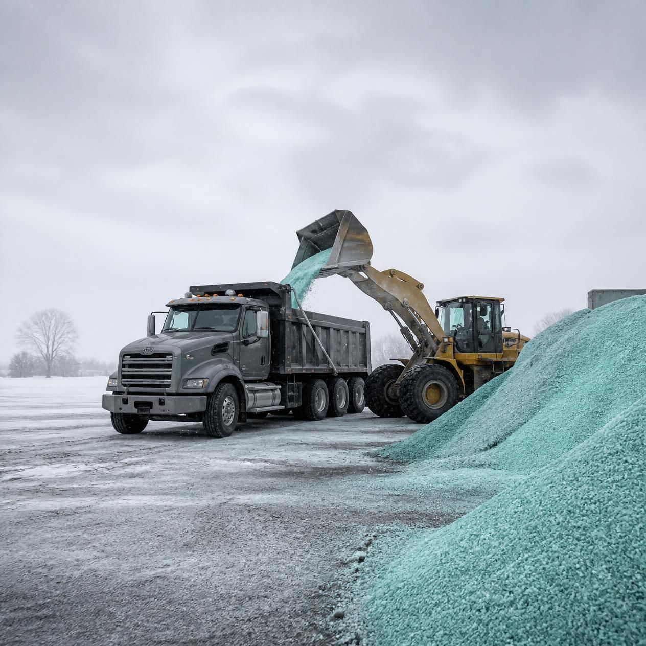 Dump truck and loader moving turquoise gravel in a snowy industrial yard.