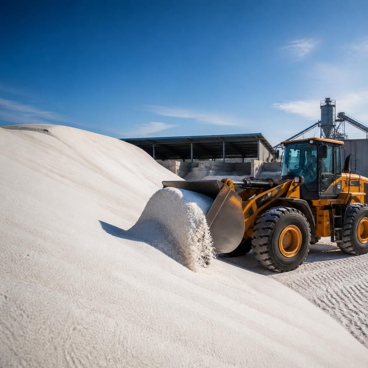 Yellow front loader pushing white grain pile at an outdoor storage facility under a blue sky