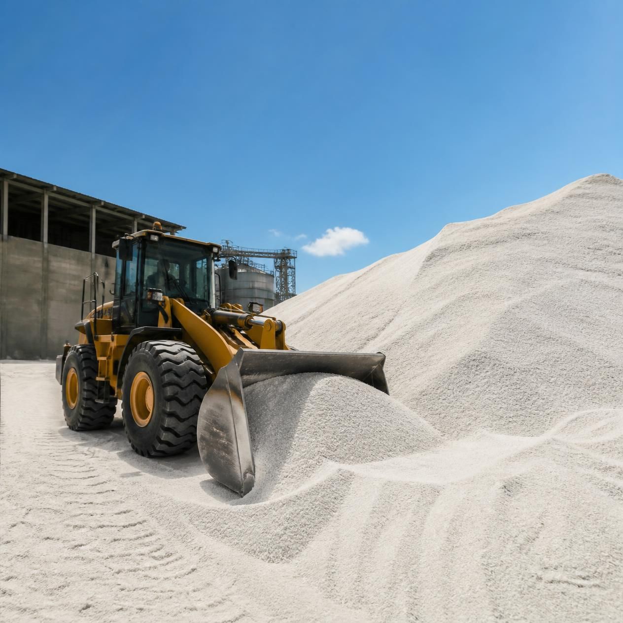 Yellow front loader pushing white gravel in an open quarry under a blue sky