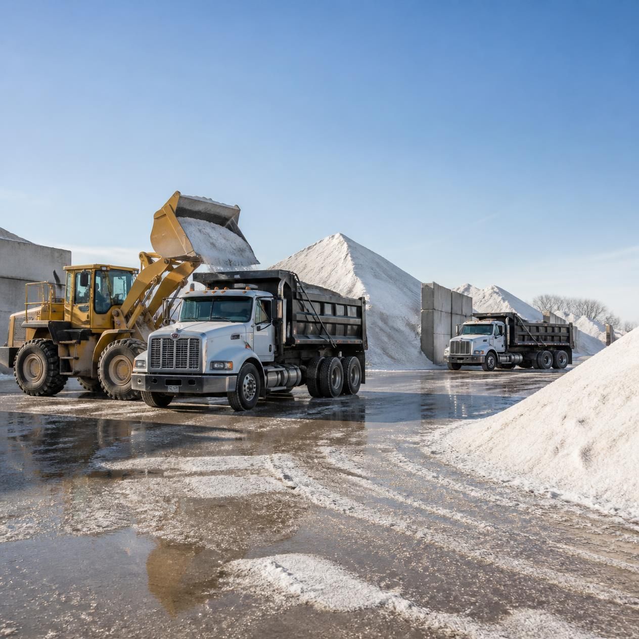 Loader dumping snow into a dump truck in a snowy gravel yard, with more trucks and snowbanks nearby