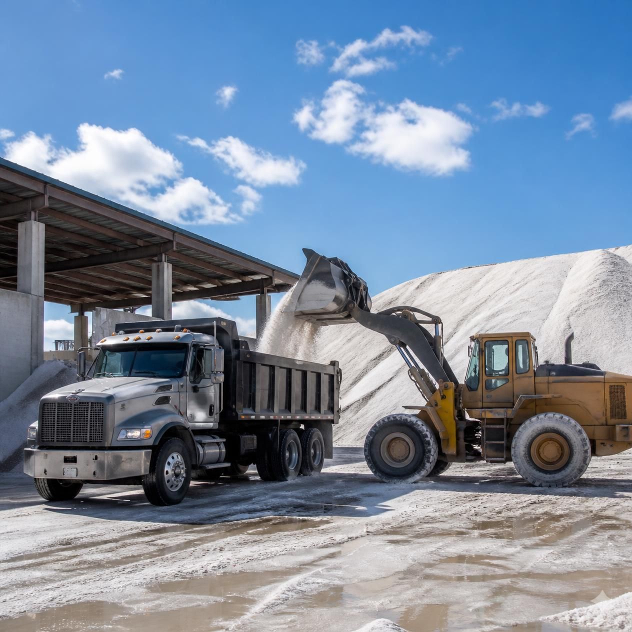 Dump truck and loader transferring gravel at a snowy industrial site under a blue sky