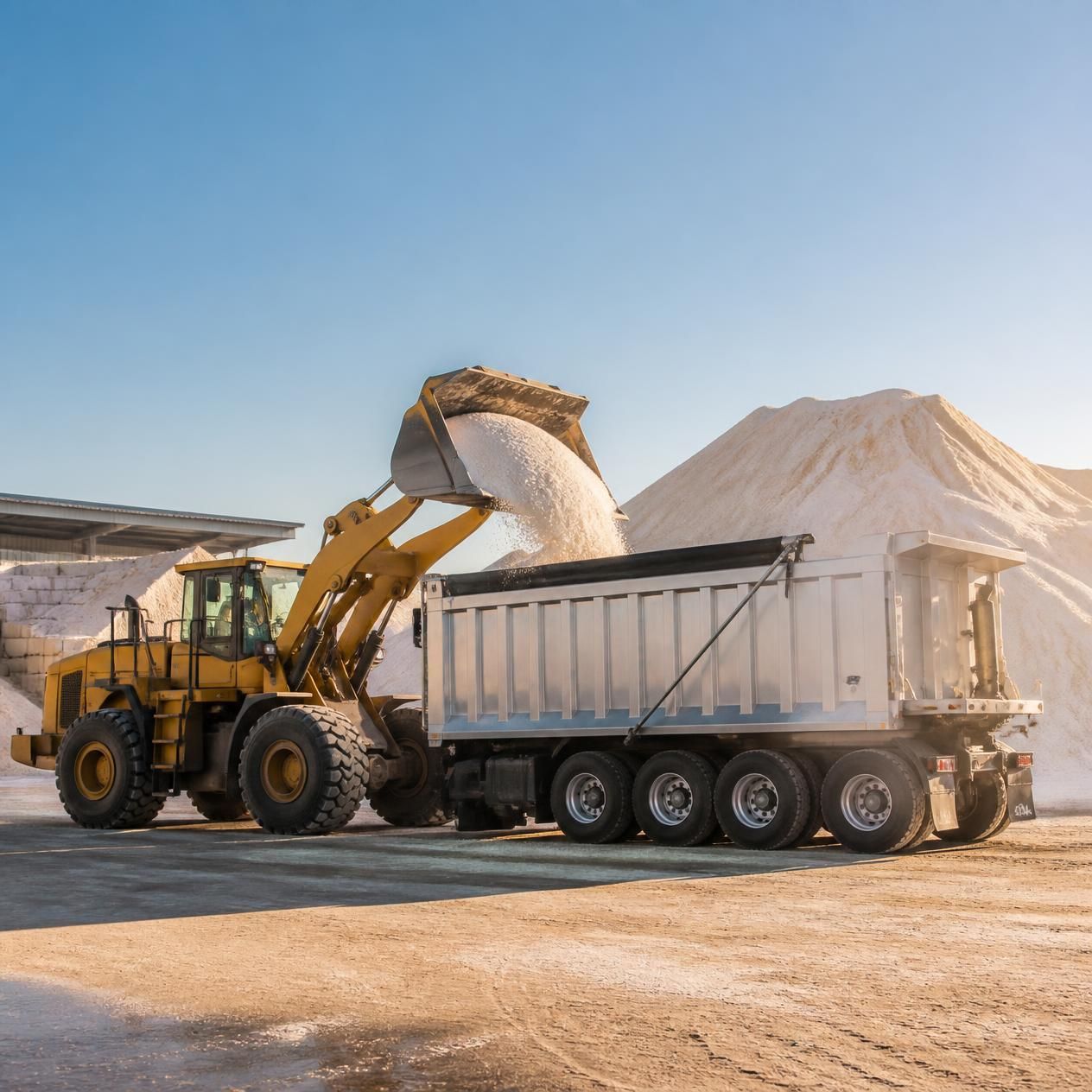 Yellow loader dumping white material into a dump truck at a gravel yard with sand piles