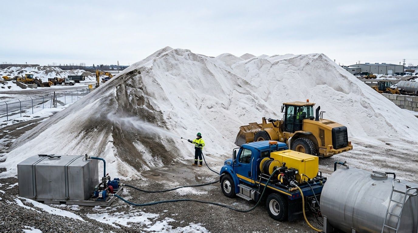 Yellow trucks and a worker beside a large white snow pile at a snowy industrial site