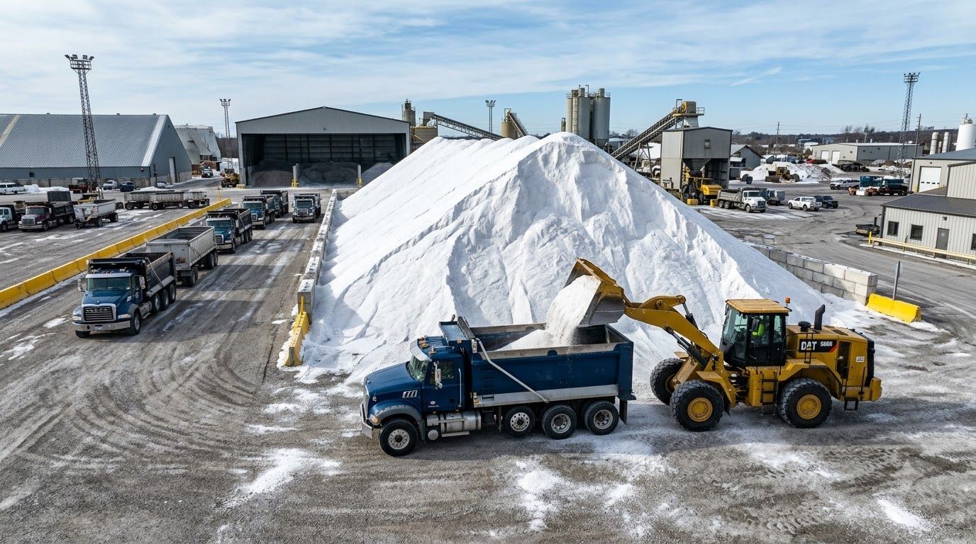 Snow dump site with a truck and loader moving a huge white pile of snow in an industrial yard