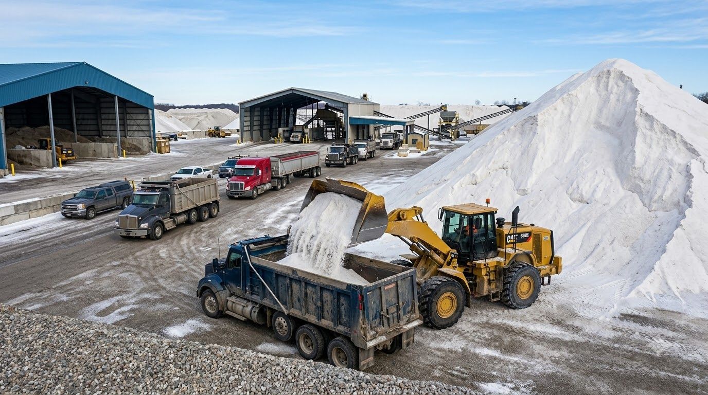 Snow-covered industrial yard with a yellow loader dumping material into a truck beside large salt piles.