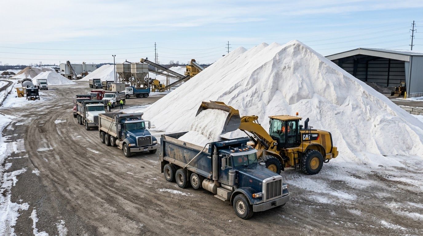Dump trucks and a loader beside a large white snow pile at an industrial site.