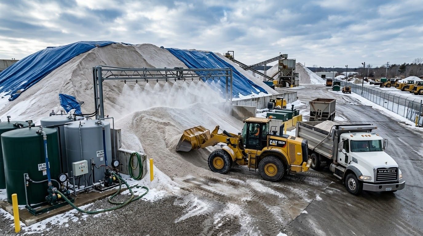 Bulldozer and dump truck moving snow at a snowy industrial site with large snow piles