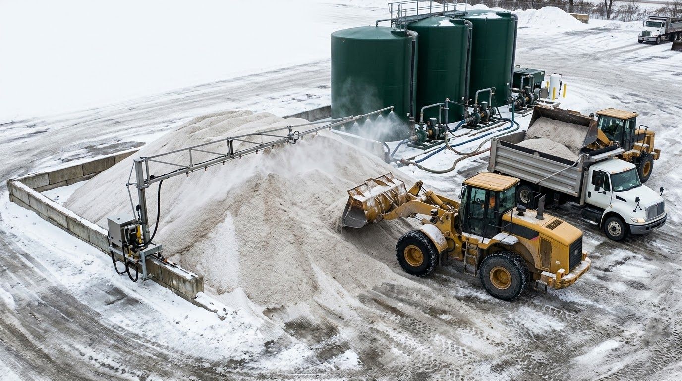 Snowy industrial yard with a yellow loader, white truck, and green storage tanks beside a gravel pile