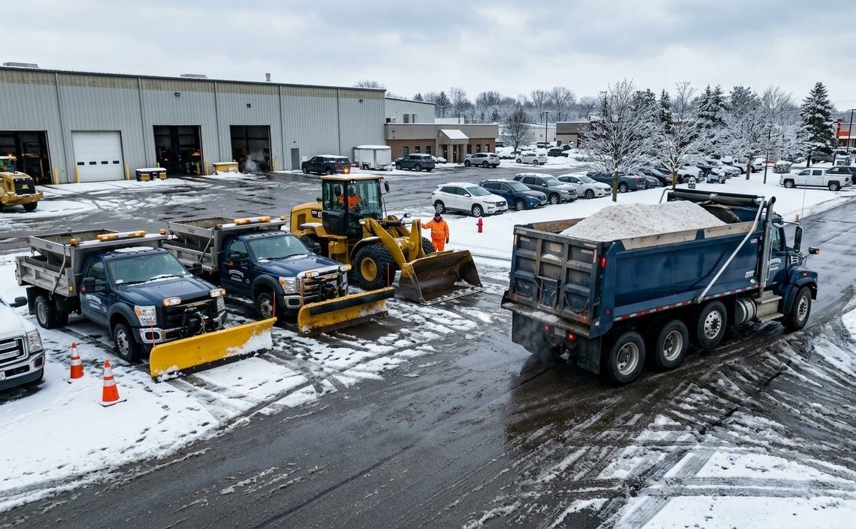 Construction supply yard with forklift loading pallets onto a white pickup truck beside stacked materials