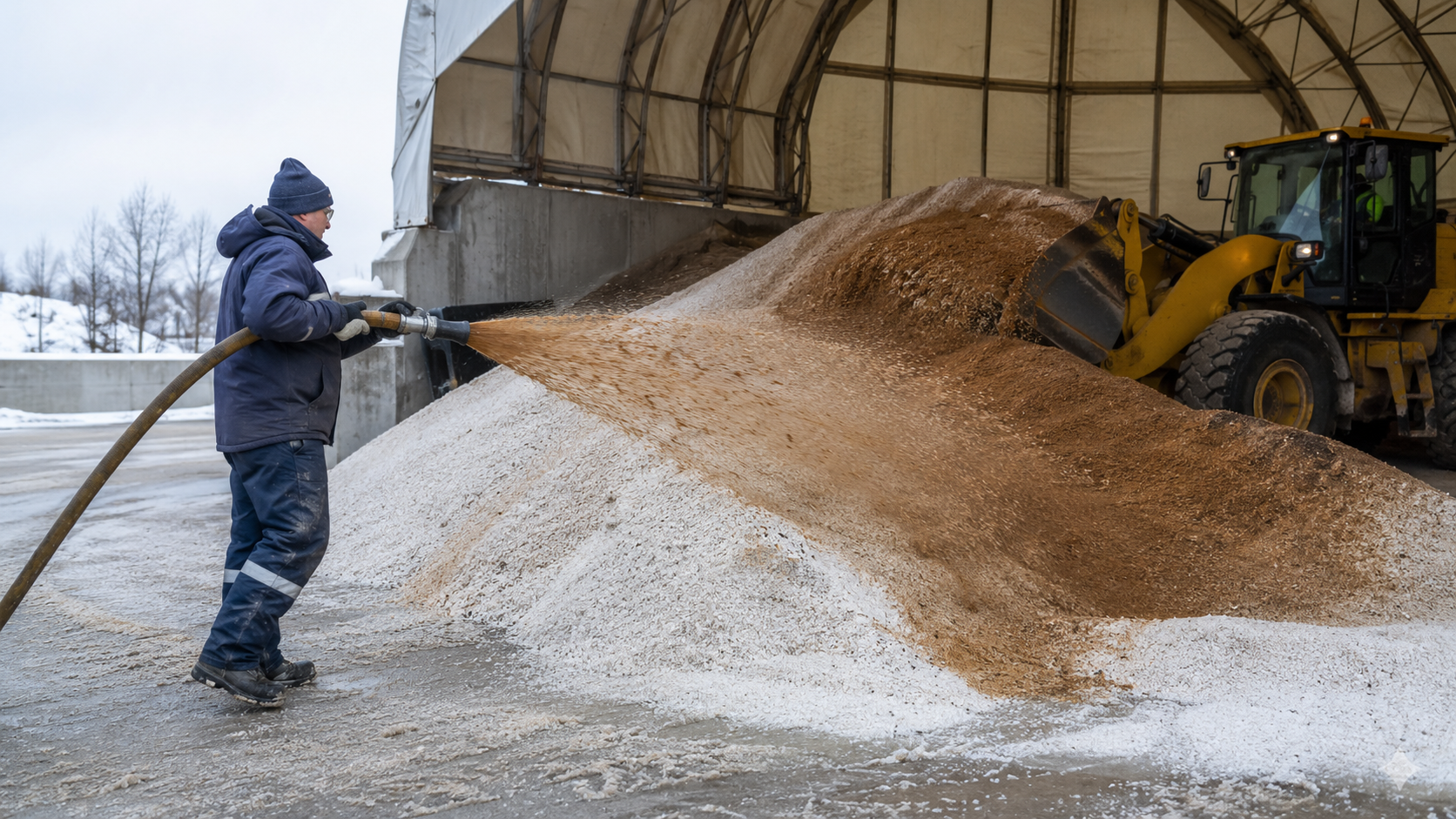 Large pile of white material inside an industrial warehouse, with a loader on the left and stacked bags on the right