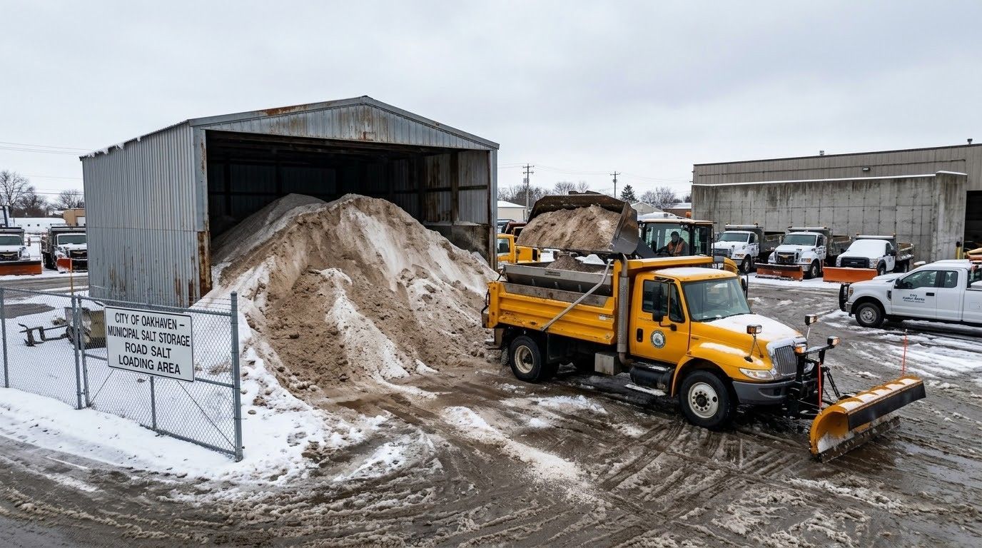 Yellow snowplow beside a salt pile and shed in a snowy industrial yard