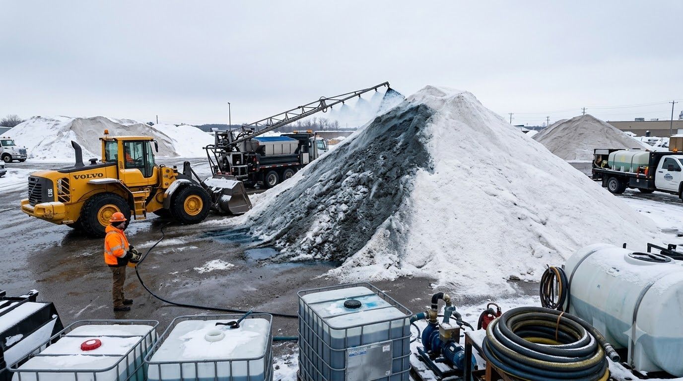 Snowy industrial yard with loader beside a large gravel pile and workers in orange safety gear