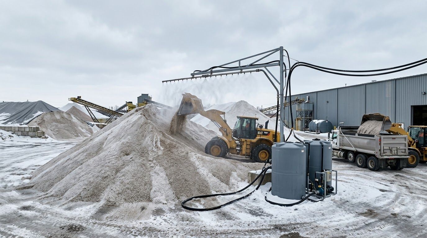 Snow-covered industrial yard with excavator loading gravel beside a silo and trucks