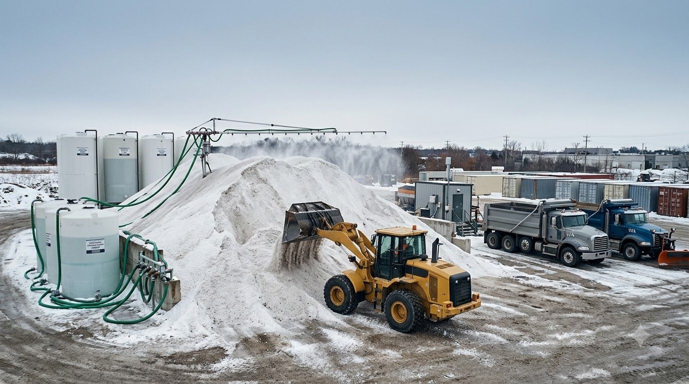Snowy industrial yard with a yellow loader moving snow near tanks and trucks