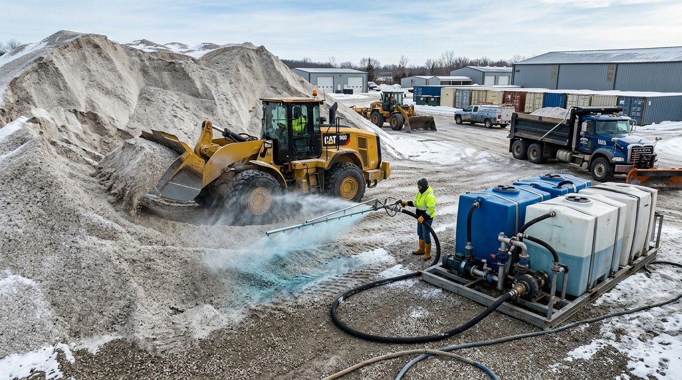 Bulldozer spraying snow at an industrial yard with workers and trucks nearby