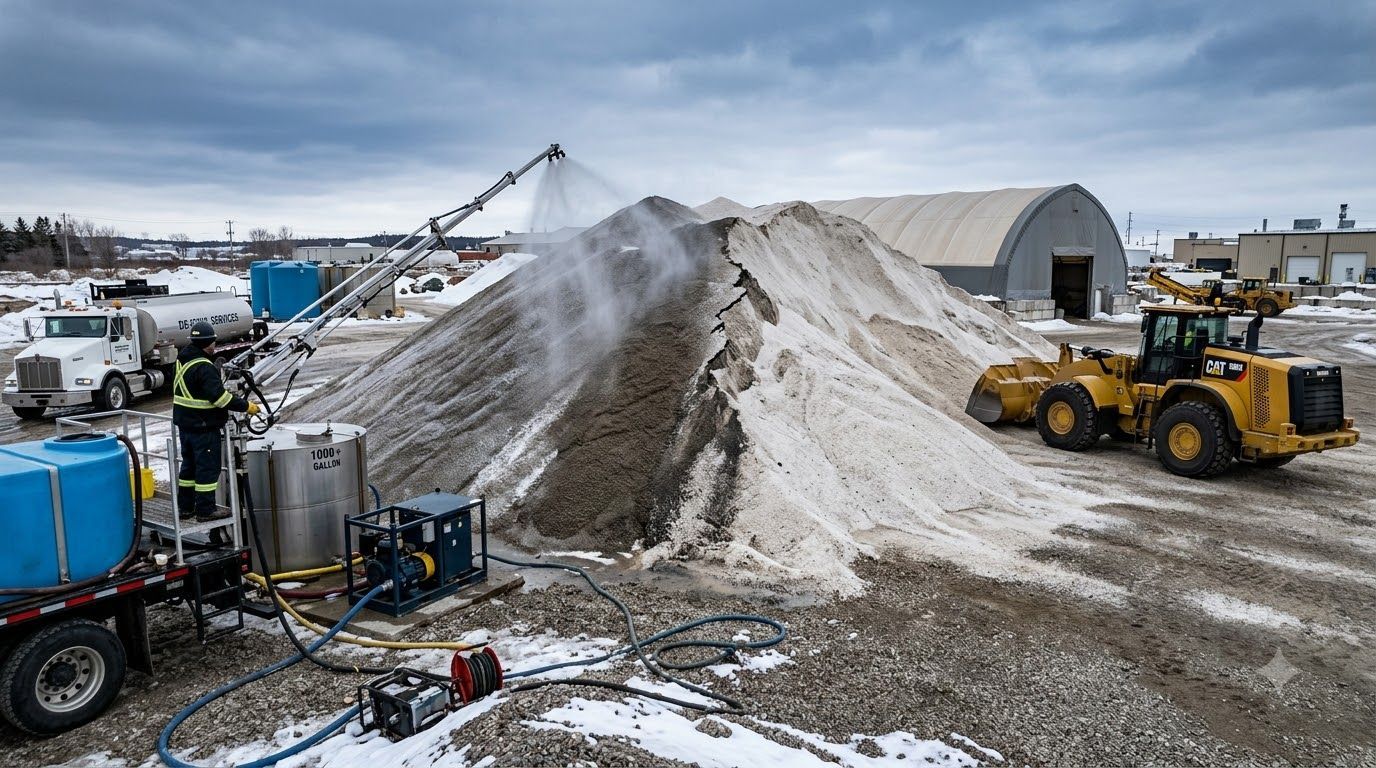 Snow-covered industrial worksite with yellow loaders and trucks moving gravel near a large dome structure