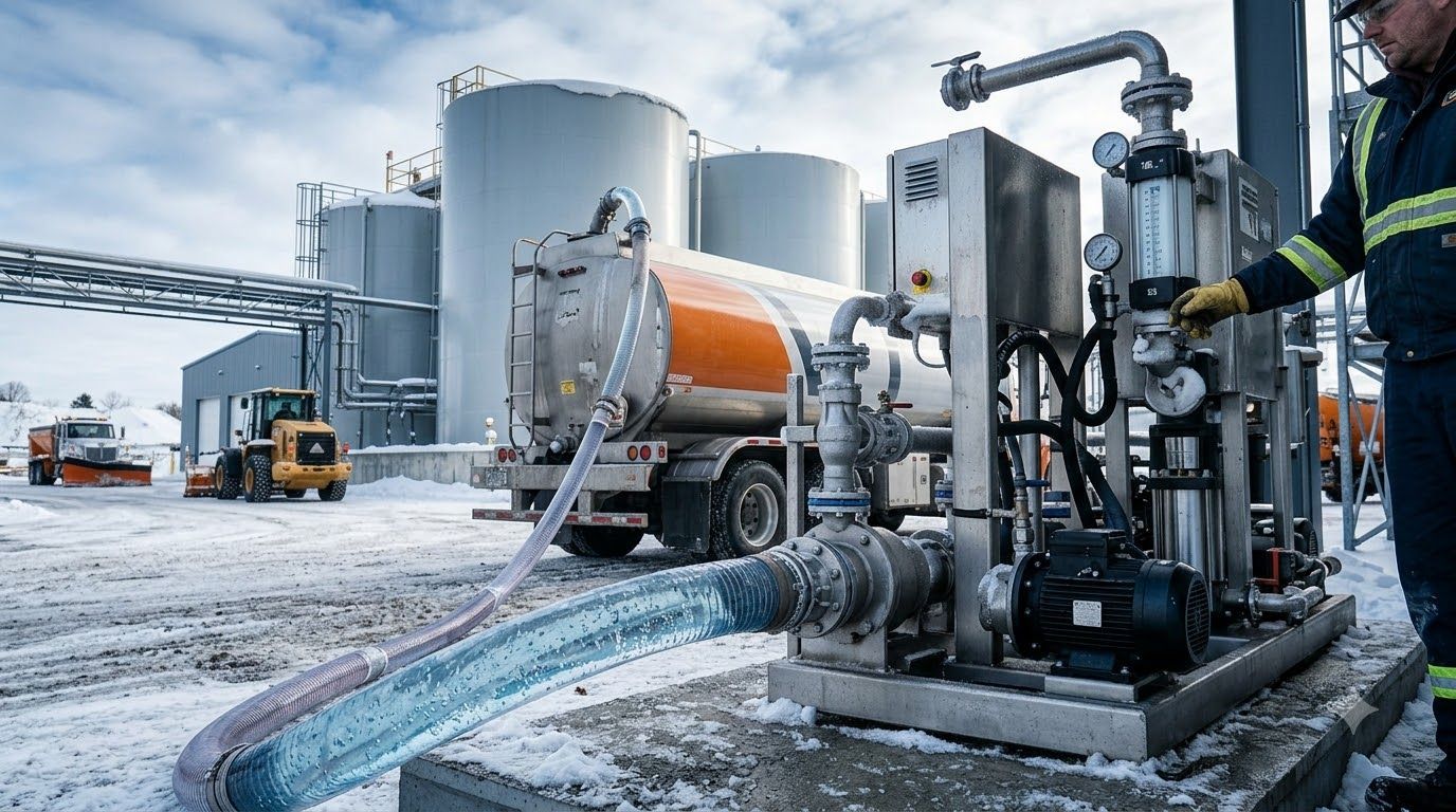 Industrial pump equipment with blue fluid hose at a snowy worksite near storage tanks