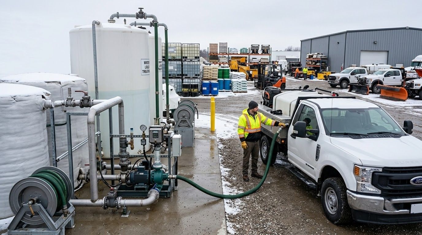 Worker fills white pickup with fuel from a hose in a muddy industrial yard during snow.