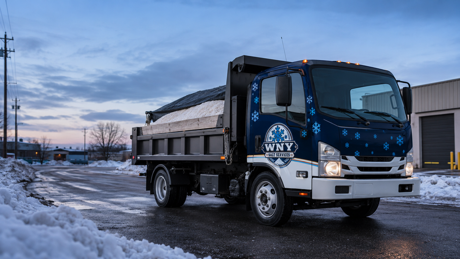 Blue dump truck parked on a snowy roadside at dusk with overcast sky