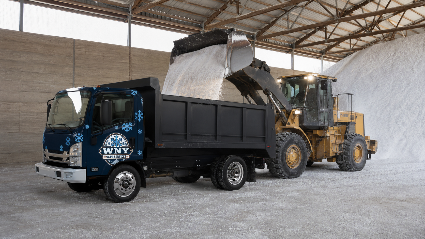 Black dump truck and yellow loader with a tarp-covered load in a warehouse