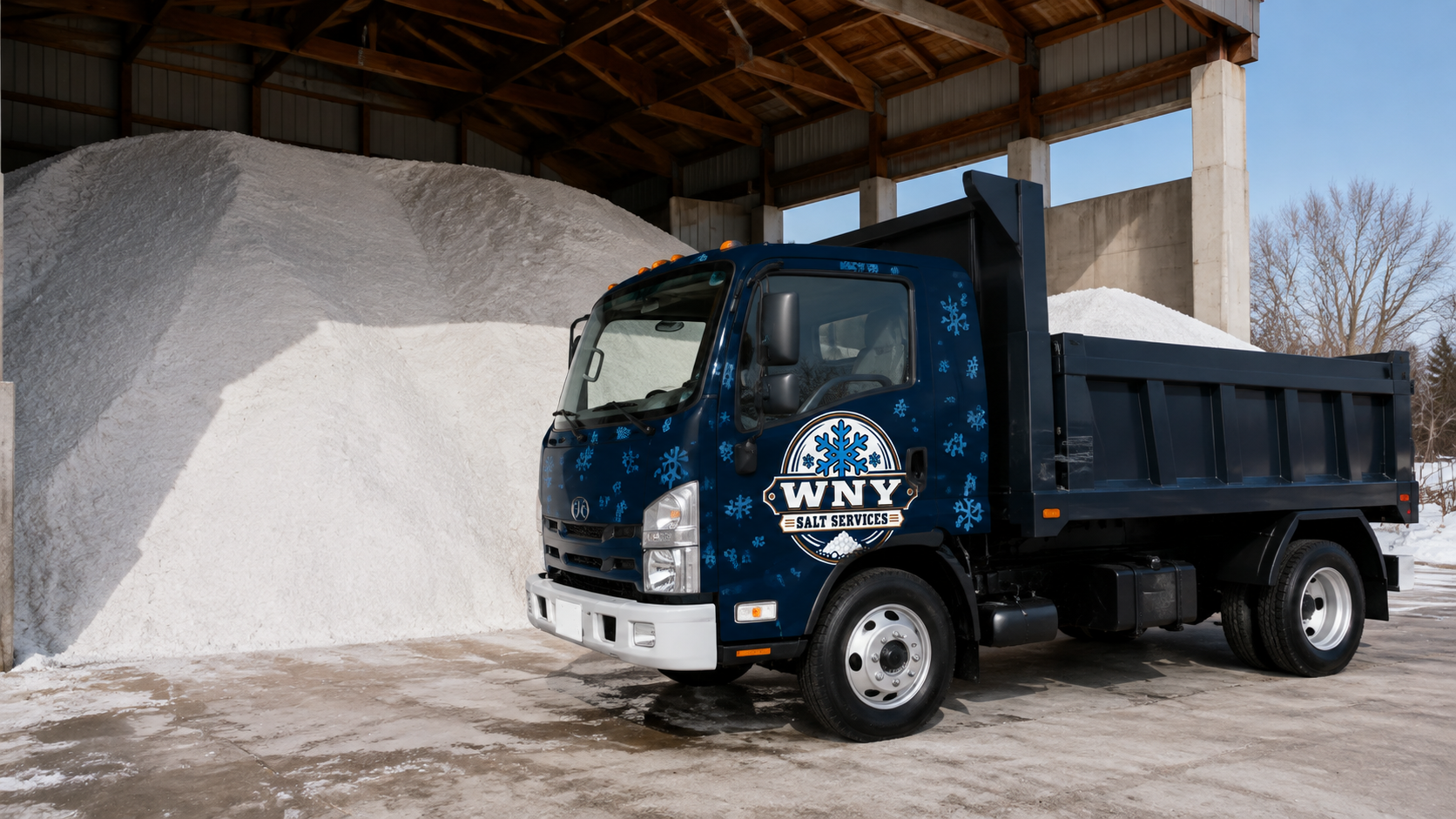 Blue dump truck parked under a shed beside a large pile of white gravel in winter.