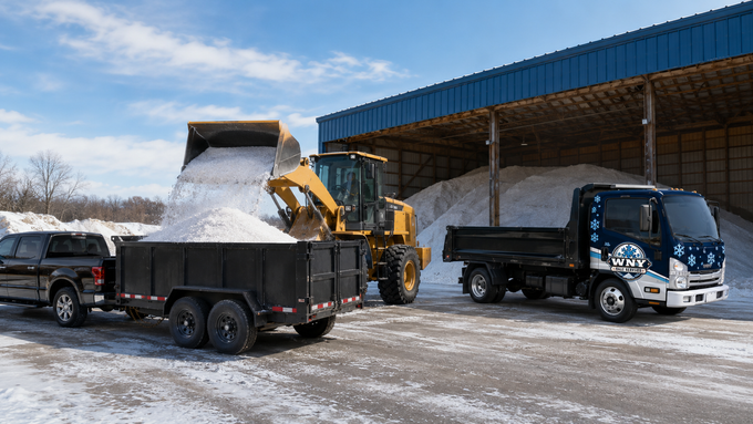 Snow-covered dump trucks hauling gravel on a curved winter road at a construction site