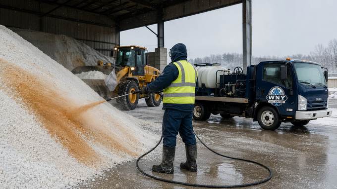 Tractor clearing snow beside green tanks and a worker in a snowy industrial yard