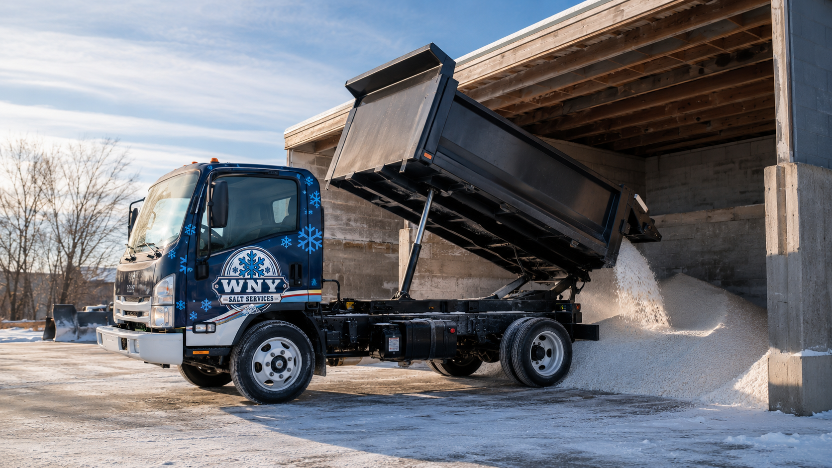 Dump truck at a construction site outside a large arched storage building, with workers and heavy equipment nearby