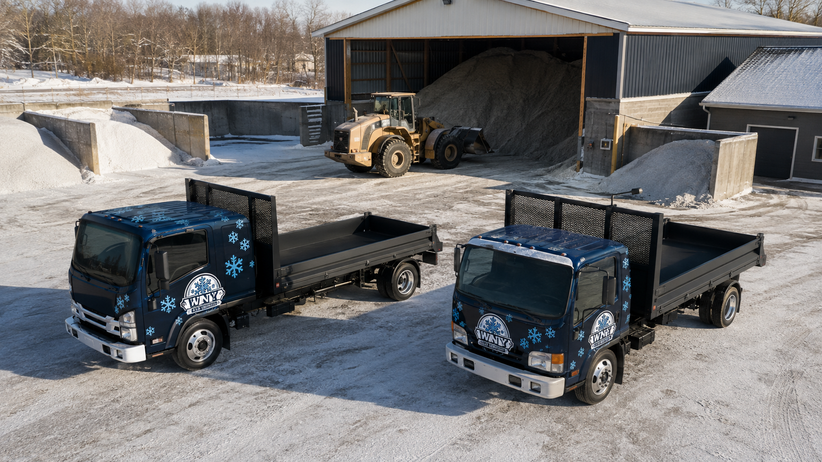 Two black dump trucks parked in a snowy yard beside a shed with a loader inside.
