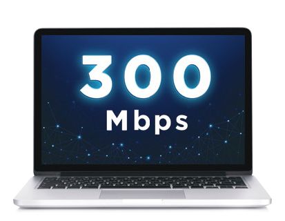A laptop with the words 300 mbps on the screen
