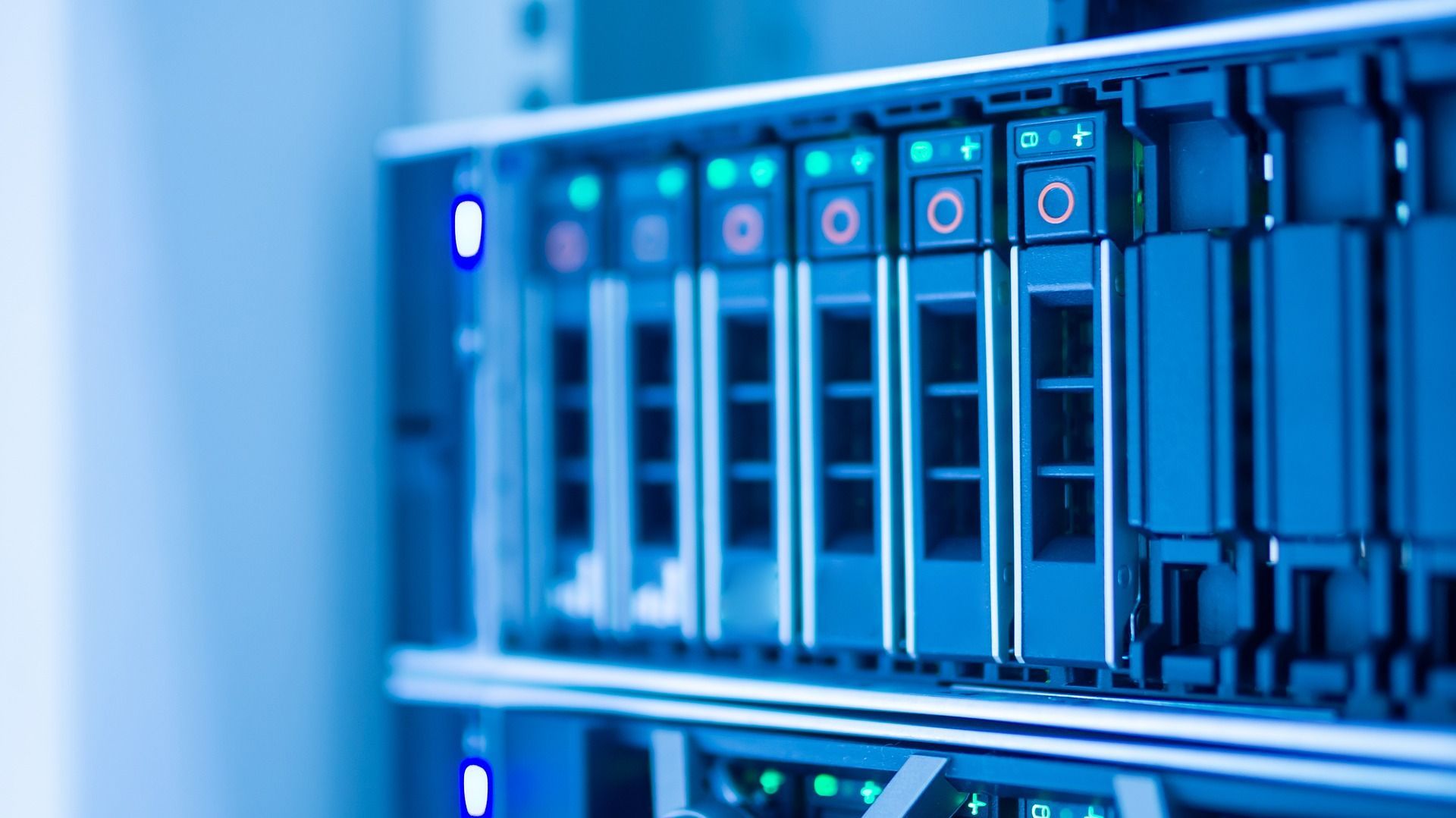 A close up of a server in a data center.