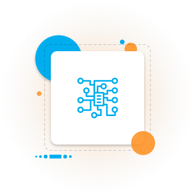 A blue and orange icon of a circuit board in a square.