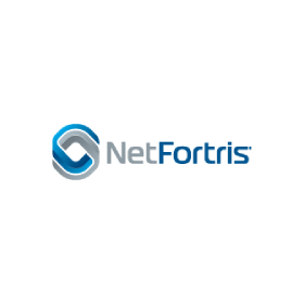 A blue and gray logo for netfortis on a white background