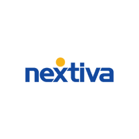 A blue and yellow logo for nextiva on a white background