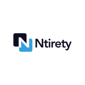 A blue and black logo for n tirety on a white background.