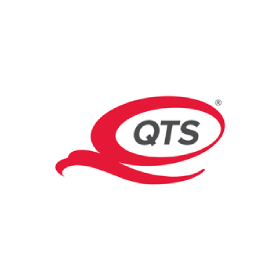 A red and white logo for qts on a white background