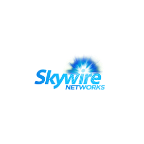 A blue skywire networks logo on a white background