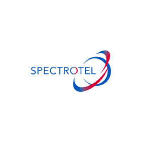 A blue , red and white logo for spectrotel