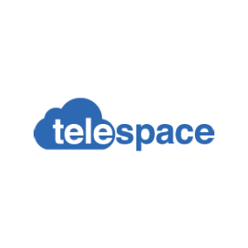 A blue and white logo for telespace with a cloud in the middle.
